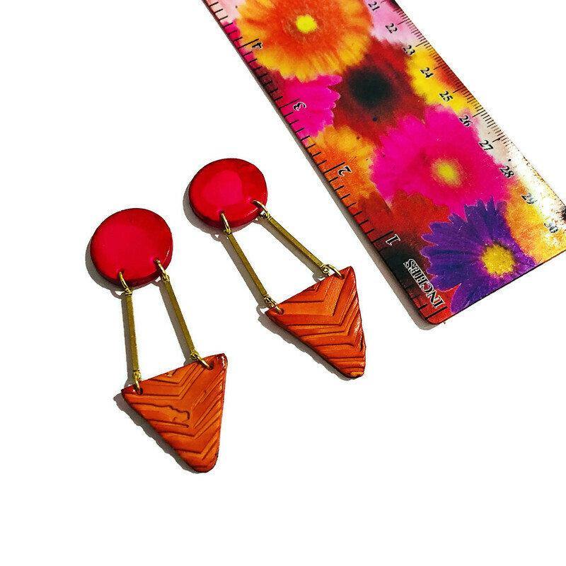 Geometric Statement Earrings Post or Clip On Handmade from Polymer Clay