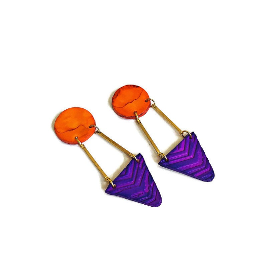 Geometric Statement Earrings Post or Clip On Handmade from Polymer Clay