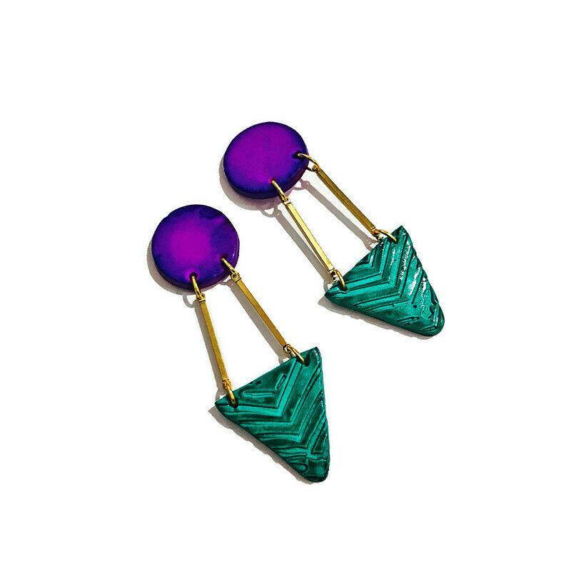 Geometric Statement Earrings Post or Clip On Handmade from Polymer Clay